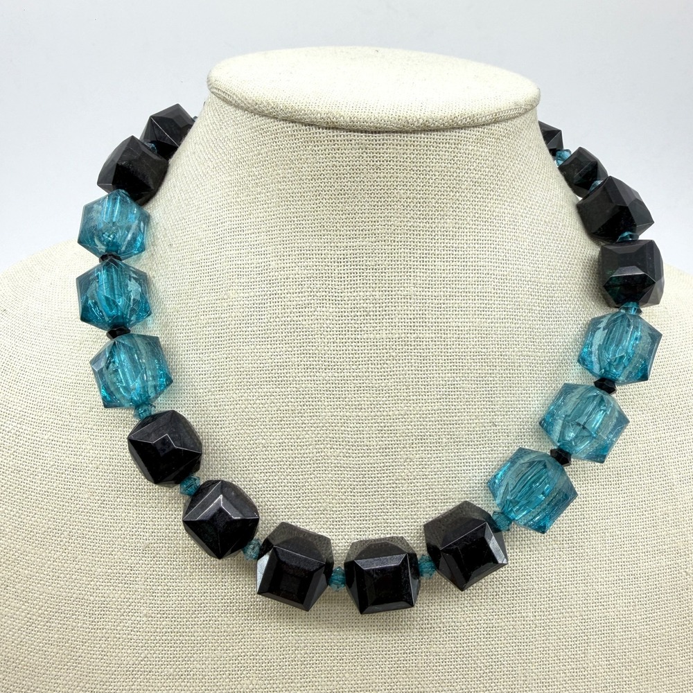 Black Aqua Blue Faceted Cube Bead Necklace Chunky Geometric Statement Jewelry